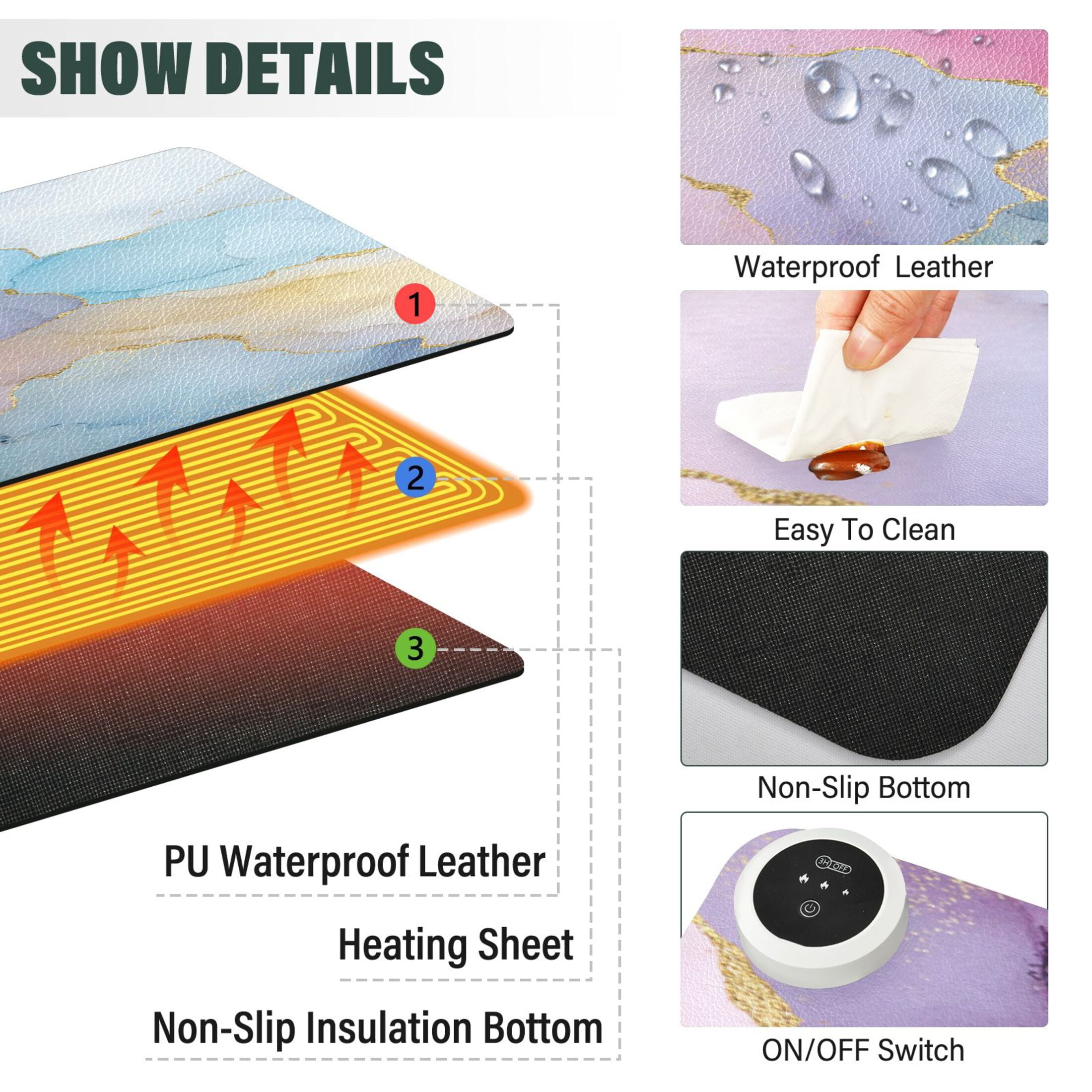 Large Heated Desk Mat Mouse Pad 31.5"x13"PU Leather Graphene Heating Desk Warmer with 3 Temperature Settings 110V US Plug Non-Slip Warm Pad for Home, Office, and Gaming Unicorn Fantasy Fluid Art