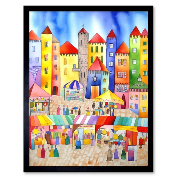 Market Square Scene Folk Art Watercolour Painting Art Print Framed Poster Wall Decor 12x16 inch
