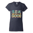 thumbnail image 2 of Wild Bobby Sea The Good Surfboard Sun Rise Good Vibes Nature Lover Women Standard V-Neck Tee, Navy, Small, 2 of 6