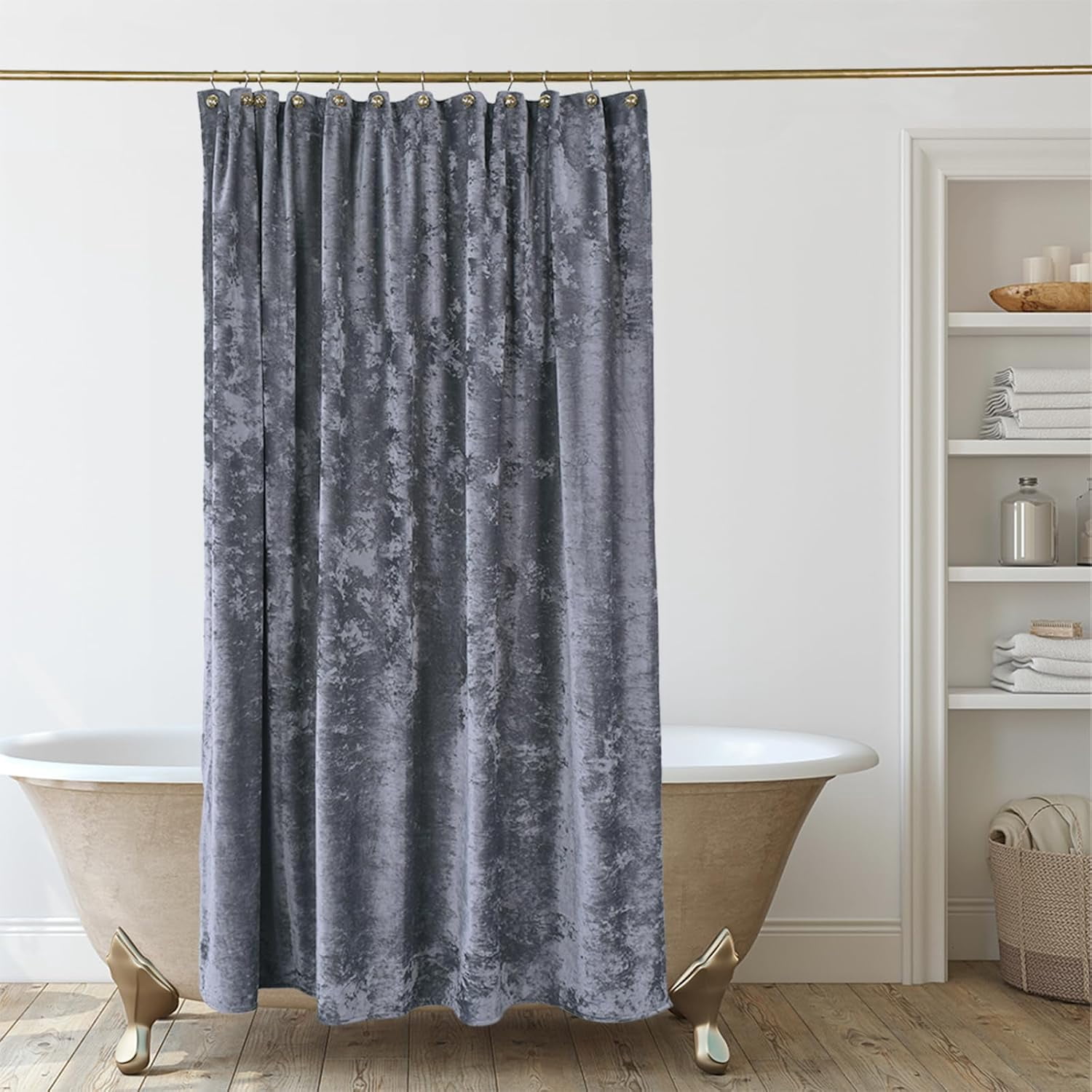 Crushed Velvet Shower Curtain, Grey Shower Curtain for Bathroom, Luxury Shower Curtain Set with 12pc Gold Hooks, Thick Fabric Waterproof 72x72”