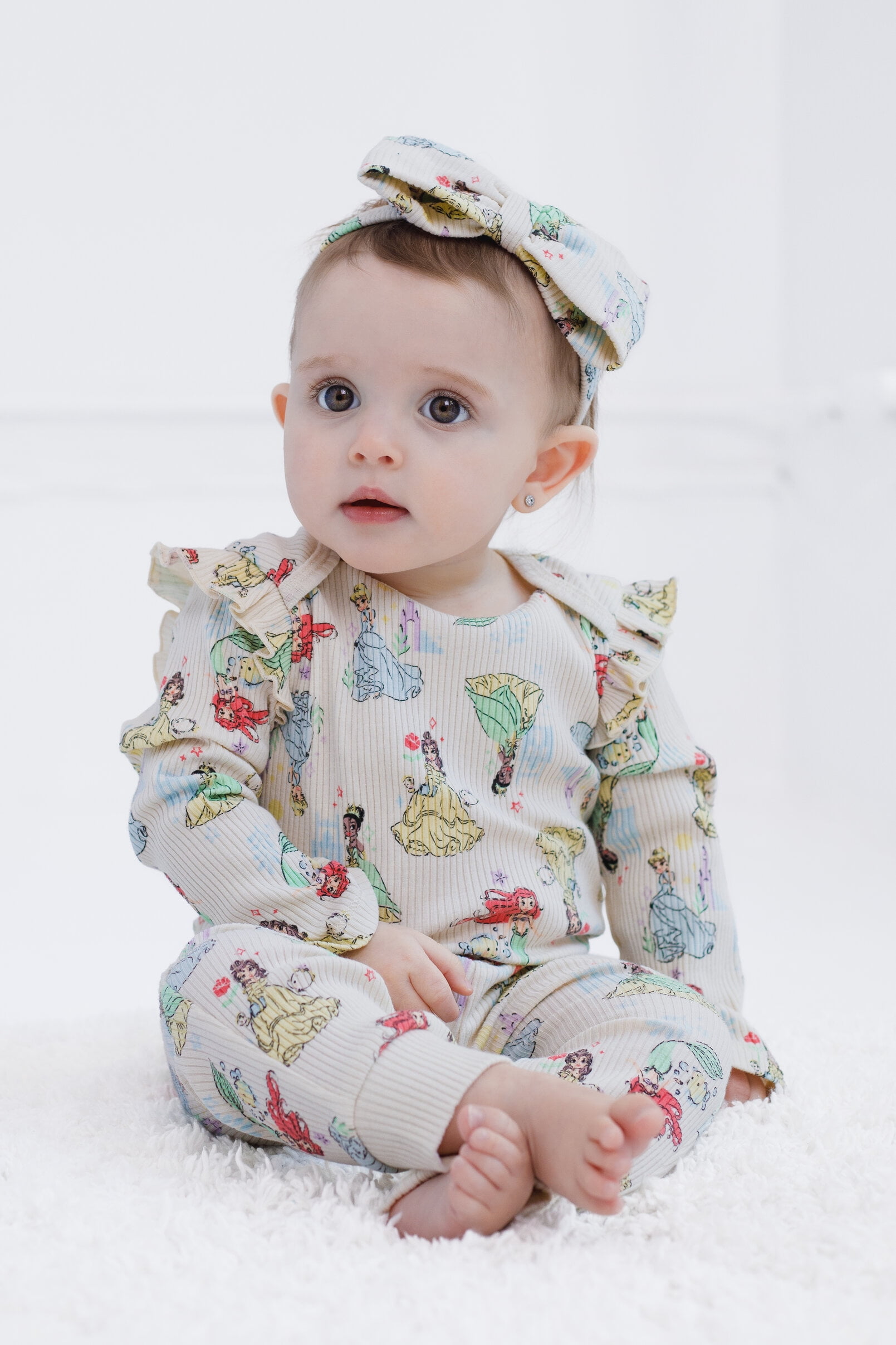 Disney Princess Belle Tiana Cinderella Ribbed Bodysuit, Jogger Pants and Headband 3 Piece Outfit Set Newborn to Infant