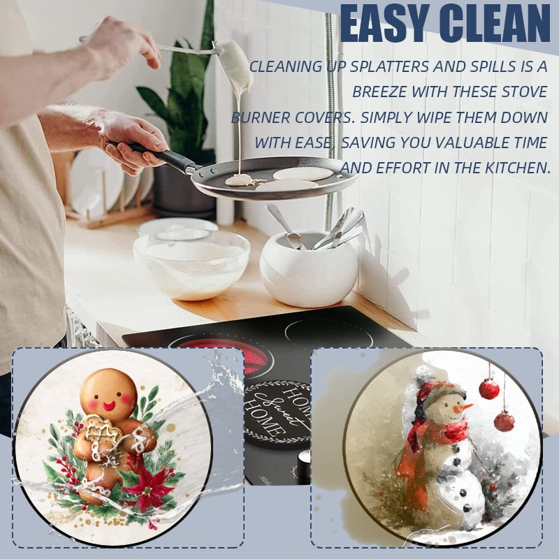 4 Pcs Christmas Gas Stove Burner Cap Set, Christmas True Snowman Deer and Gingerbread Man Durable Round Gas Stove Burner Covers Set of 4 for Kitchen Xmas Decor, 8 Inches and 10 Inches