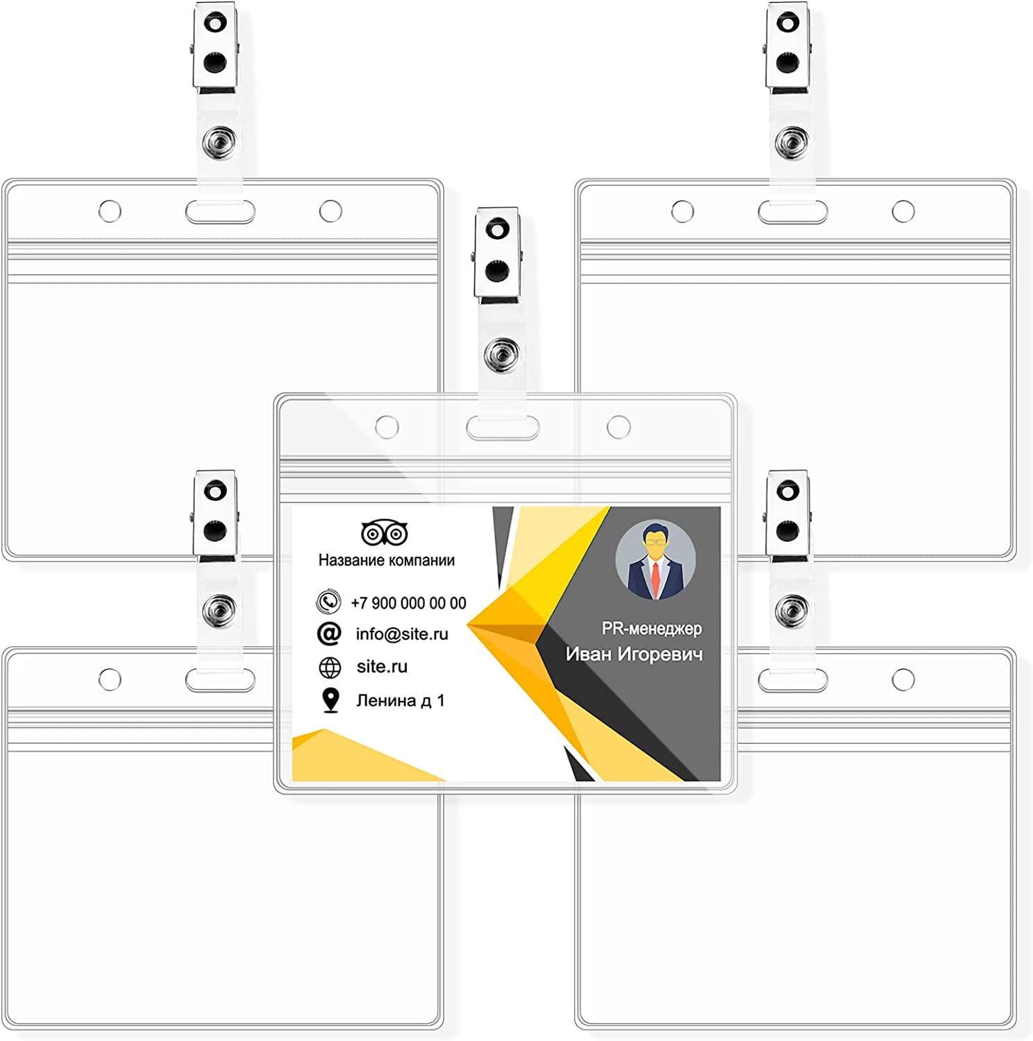 5 Pcs Badge Holders and Metal Clips Clear Horizontal Name Tag ID Card