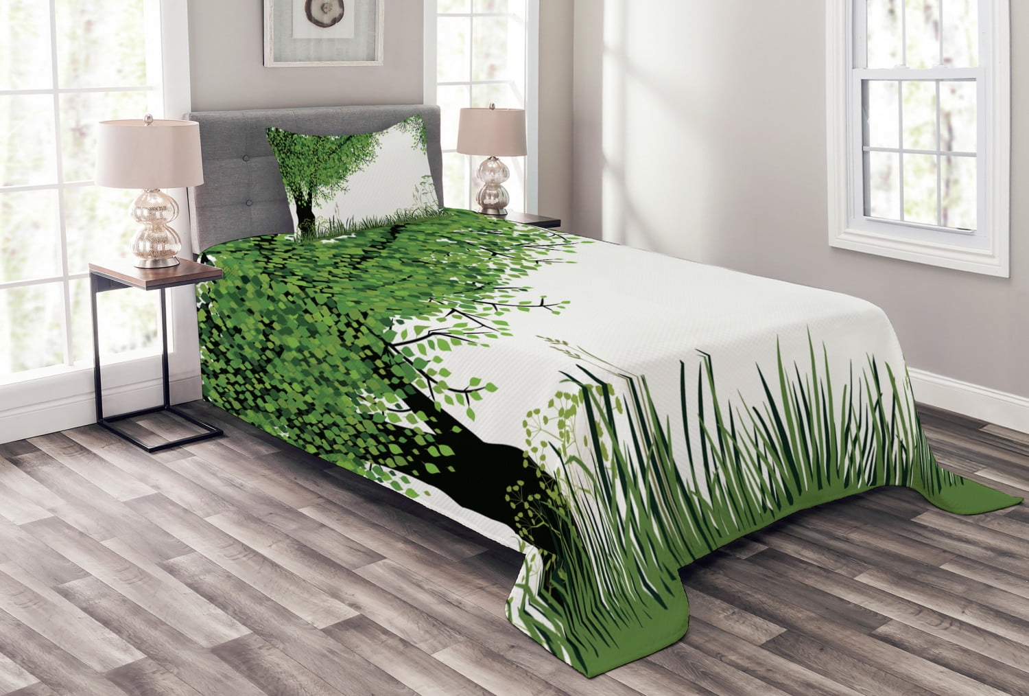 Nature Bedspread Set Twin Size, Tree Grass at Park Herbs Summer Season