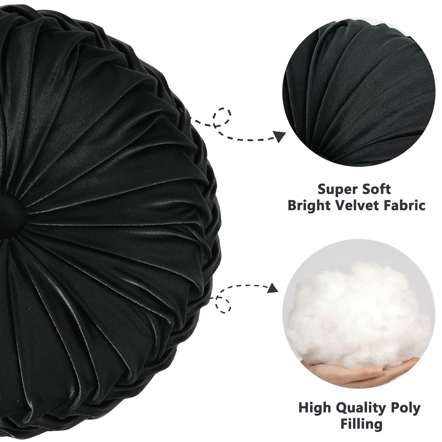 HIG Set of 2 Pumpkin Pleated Round Throw Pillows, Soft Velvet, Black, 14.5" Diameter