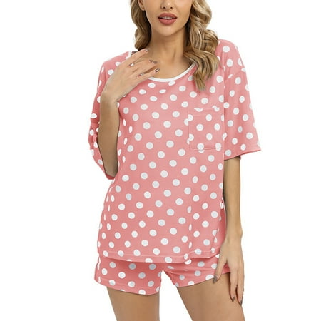 

Xmarks Summer Pjs Set for Womens Short Sleeve Polka Dots Pajama Set Crew Neck Sleepwear Top Shorts Set Short Sleeve Crew Neck Tops and Drawstring Shorts Summer Soft Pjs Loungewear Set S-XXL