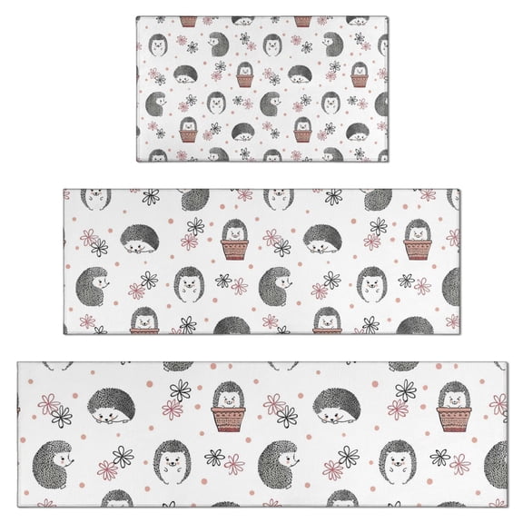 Cute Hedgehog Flower Pattern Kitchen Rugs Sets Of 3,Kitchen Runner Rugs Non Skid Washable,Decorative Kitchen Floor Mats for Kitchen,Sink,Laundry,17"x30" 17"x47" 17"x59"