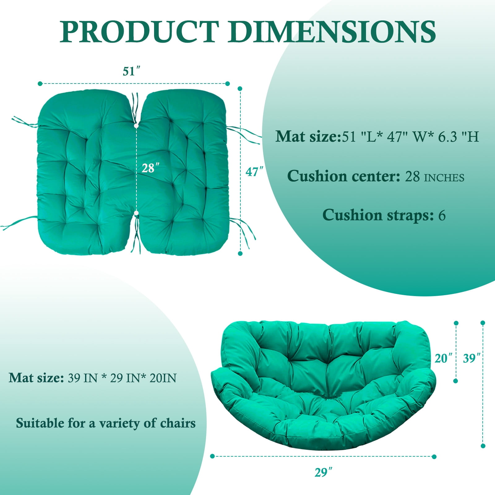 Egg Chair Cushion Replacement Waterproof – Outdoor Rocking Chair Cushions 6.3" Thick UV Resistant with 6 Straps for Patio, Balcony, Garden, Lake Blue