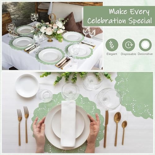 Sage Green 12-Inch Round Lace Paper Doilies, 150-Pack Disposable Decorative Placemats for Food, Cakes, Crafts, Parties, and Wedding Table Decorations