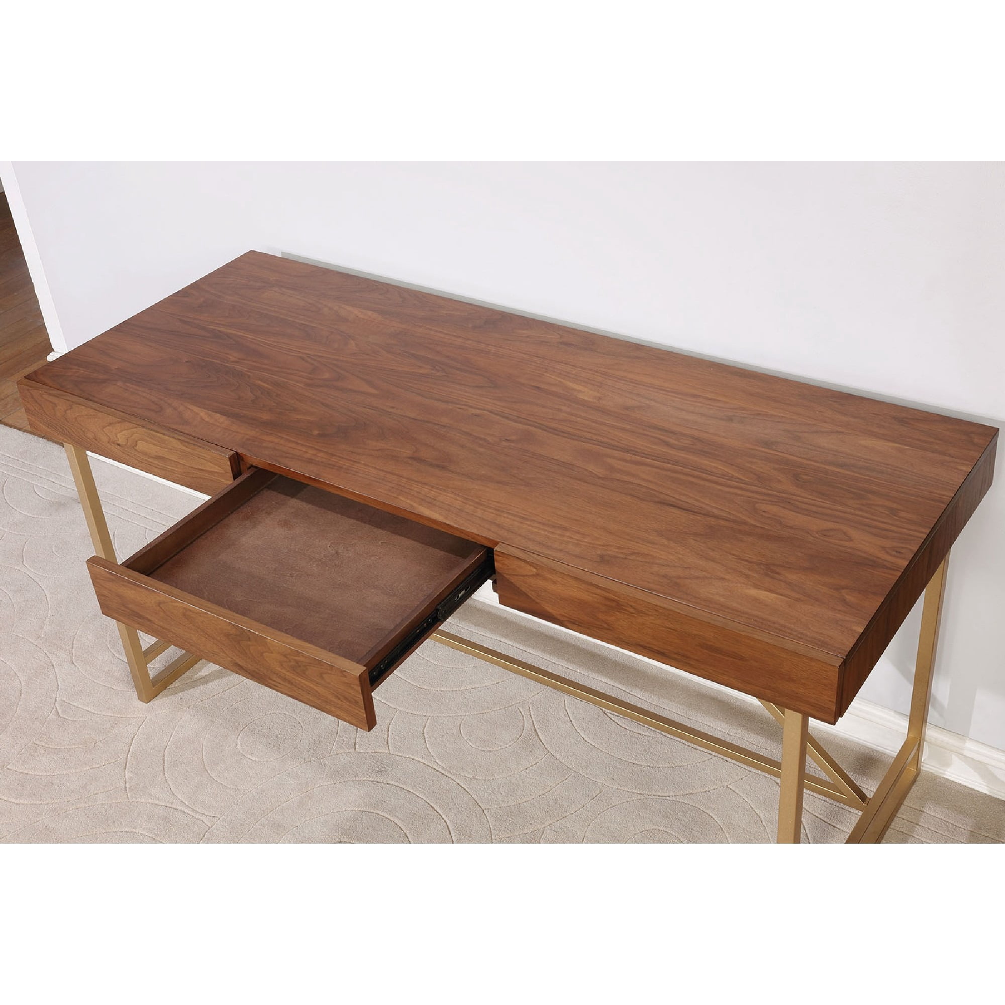 Wooden Writing Desk with Metal Legs, Walnut Brown Gold