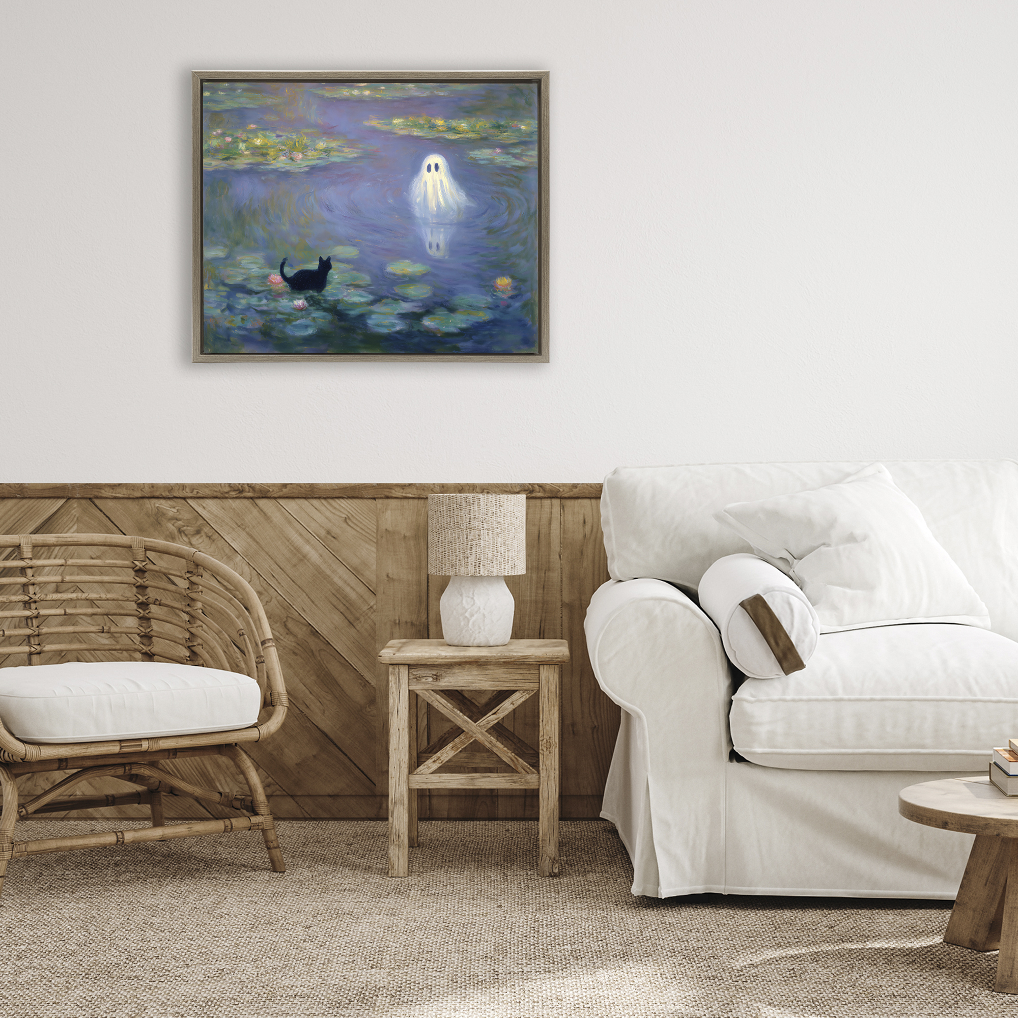 Water Lilies with Ghost & Kitty Brown Framed Floater Canvas Wall Art, design by Arlington Prints