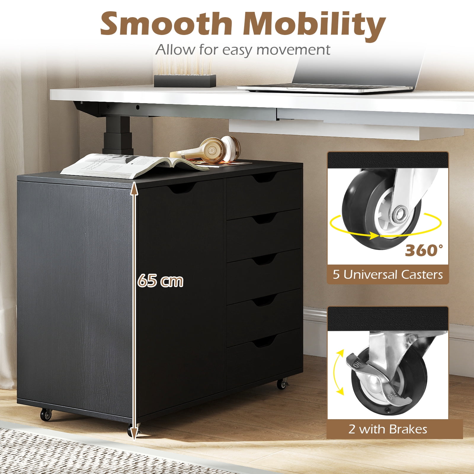 Costway 5-Drawer File Cabinet with Door, Wheels and 5-Level Adjustable Shelf for Home Black