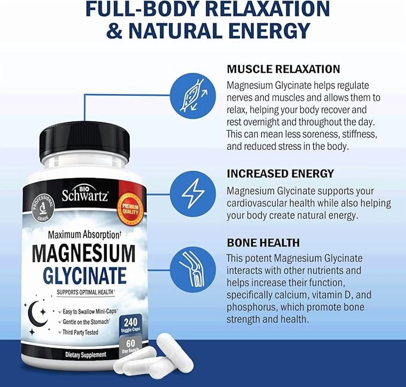 BioSchwartz 500mg Pure Magnesium Glycinate for Nerves, Muscles, Heart, Mood, and Sleep, 240 Capsules