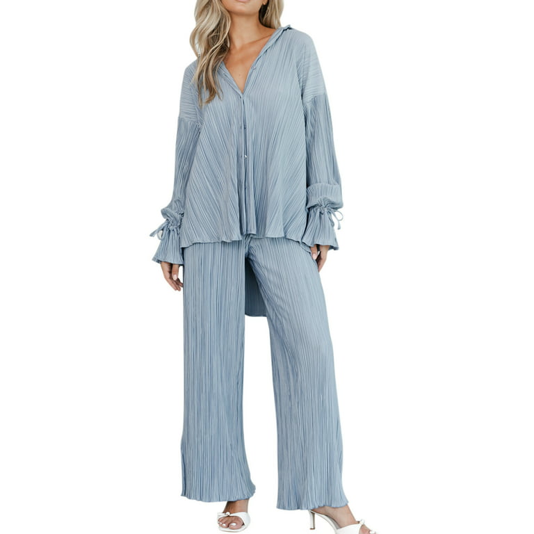 Lisingtool Pajamas for Women 2 Piece Outfits Casual Long Sleeve Loose Fit  Button Down Shirts Blouses Tops Wide Leg Long Pants Sets Pants for Women  Blue 