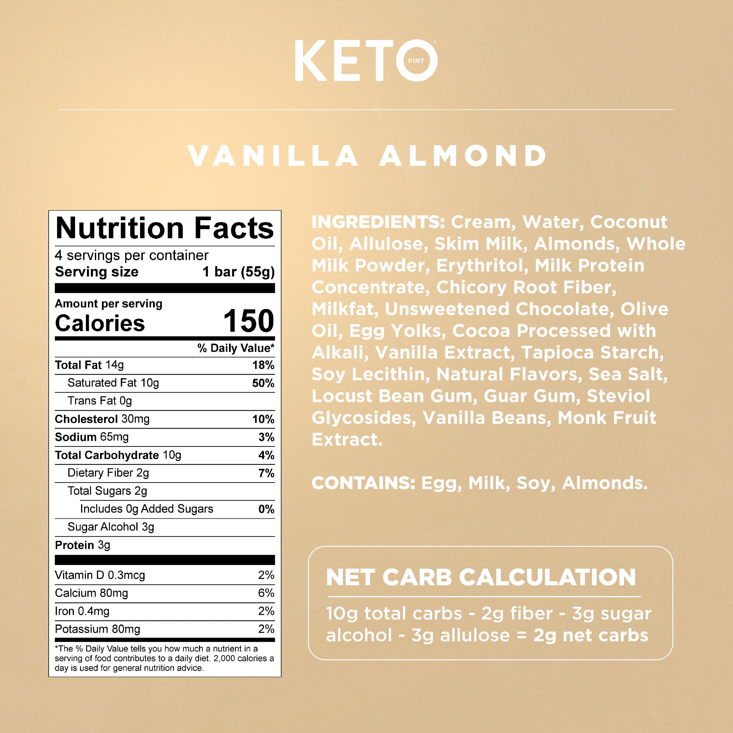 Keto Pint Vanilla Almond Ice Cream Bars, No Added Sugar, 2.75 fl oz, 4 Count
