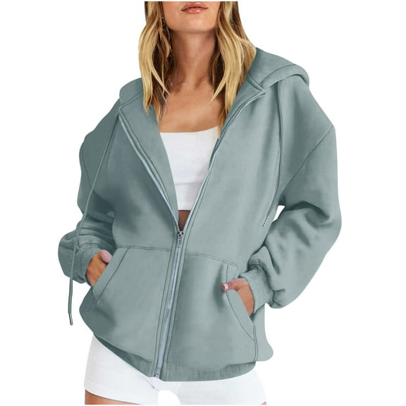 Womens Jackets Hooded Zipper Up Long Sleeve Winter Warm Casual Solid Sweatshirt Coat Gray L