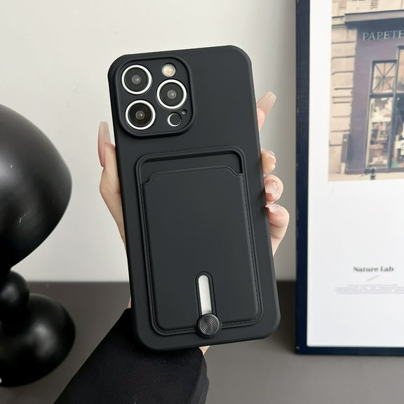 Allytech Card Holder Case Compatible with iPhone 8 Plus/7 Plus, [Full Camera Lens Protection] Thin & Light Fashion Solid Color Soft TPU Shockproof & Anti-Scratch Case for Women Men - Black