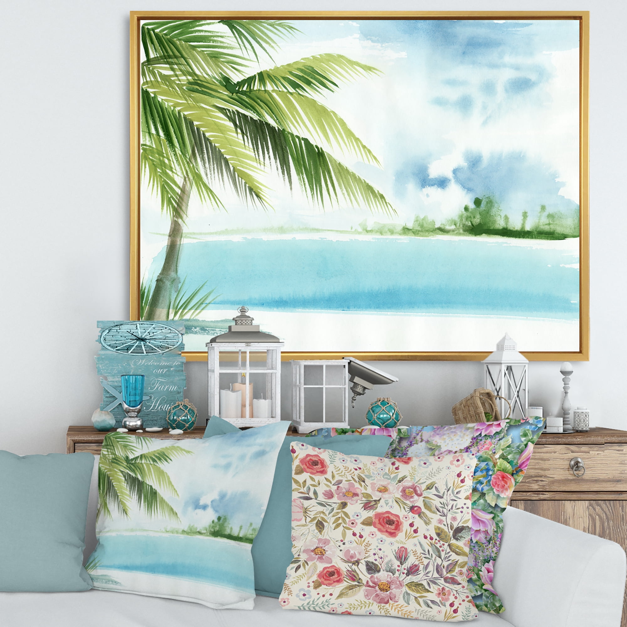 Designart 'Palm Beach Resort At Sunrise I' Nautical & Coastal Framed Canvas Wall Art Print