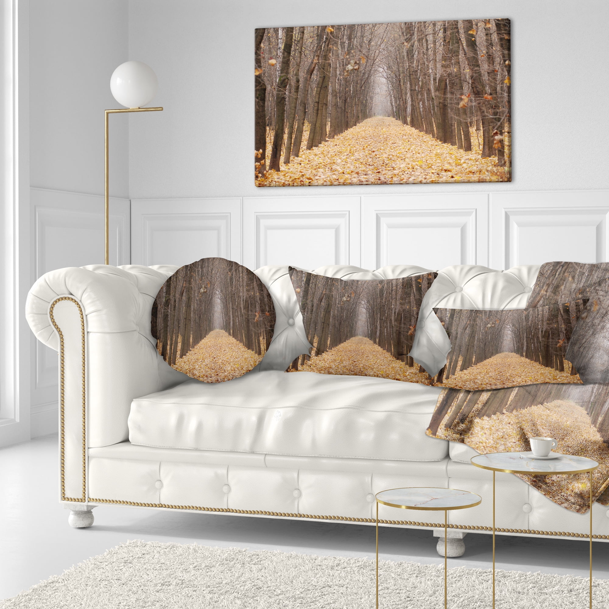 Designart Yellow Road through Fall Forest - Modern Forest Throw Pillow - 12x20