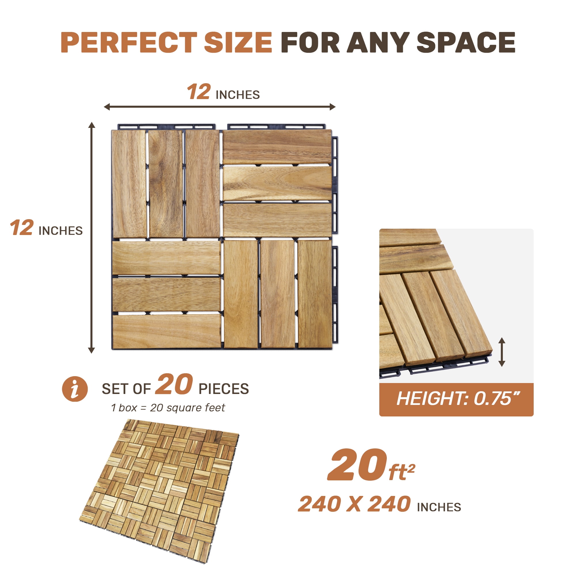 20 PCS Interlocking Deck Tiles 12"x12", Yellow Acacia Hardwood Checker Pattern, Outdoor Flooring for Patio, Balcony, Poolside