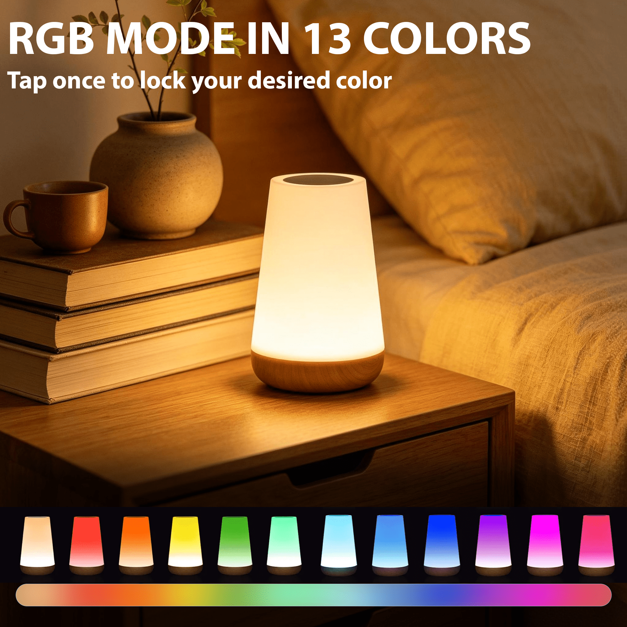 GARITIN Touch Bedside Table Lamp, RGB Color Changing Cordless Rechargeable Dimmable Small Nightstand Lamp with Remote, Portable USB Mini Table Lamp, Kids Night Light for Bedroom Nursery
