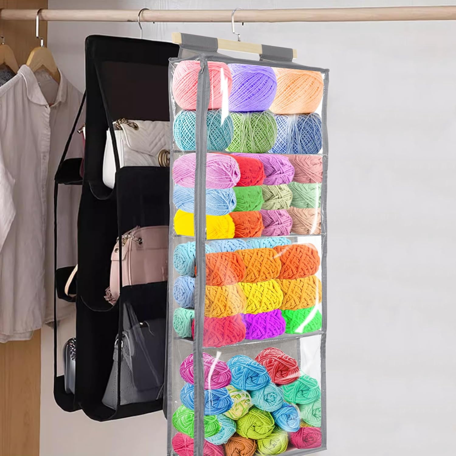 ABPETE Hanging Yarn Storage with 4 Large Pockets - Clear Knitting Organizer with Zippers for Crochet Lovers, Hanging Yarn Holder with Over-Door Hooks for Knitting Needles & Crochet Hooks (Gray)