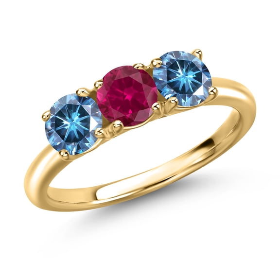 Gem Stone King 18K Yellow Gold Plated Silver Red Created Ruby and Persian Blue Moissanite Engagement Ring for Women | 1.60 Cttw | Round 5MM | Gemstone July Birthstone | Size 9