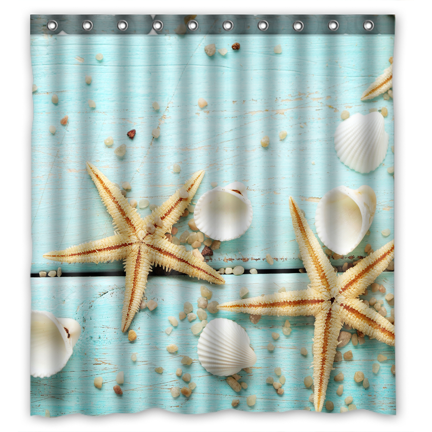 YKCG Seashell Sand Starfish Wooden Back Waterproof Fabric Bathroom