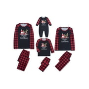 Thaisu Christmas Family Matching Pajamas, Long Sleeve Letters Print T-shirt + Plaid Pants/Jumpsuit 2Pcs Set