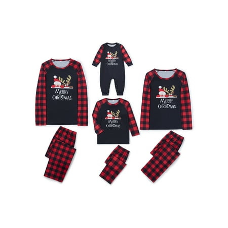 

Huakaishijie Christmas Family Matching Pajamas Long Sleeve Letters Print T-shirt + Plaid Pants/Jumpsuit 2Pcs Set