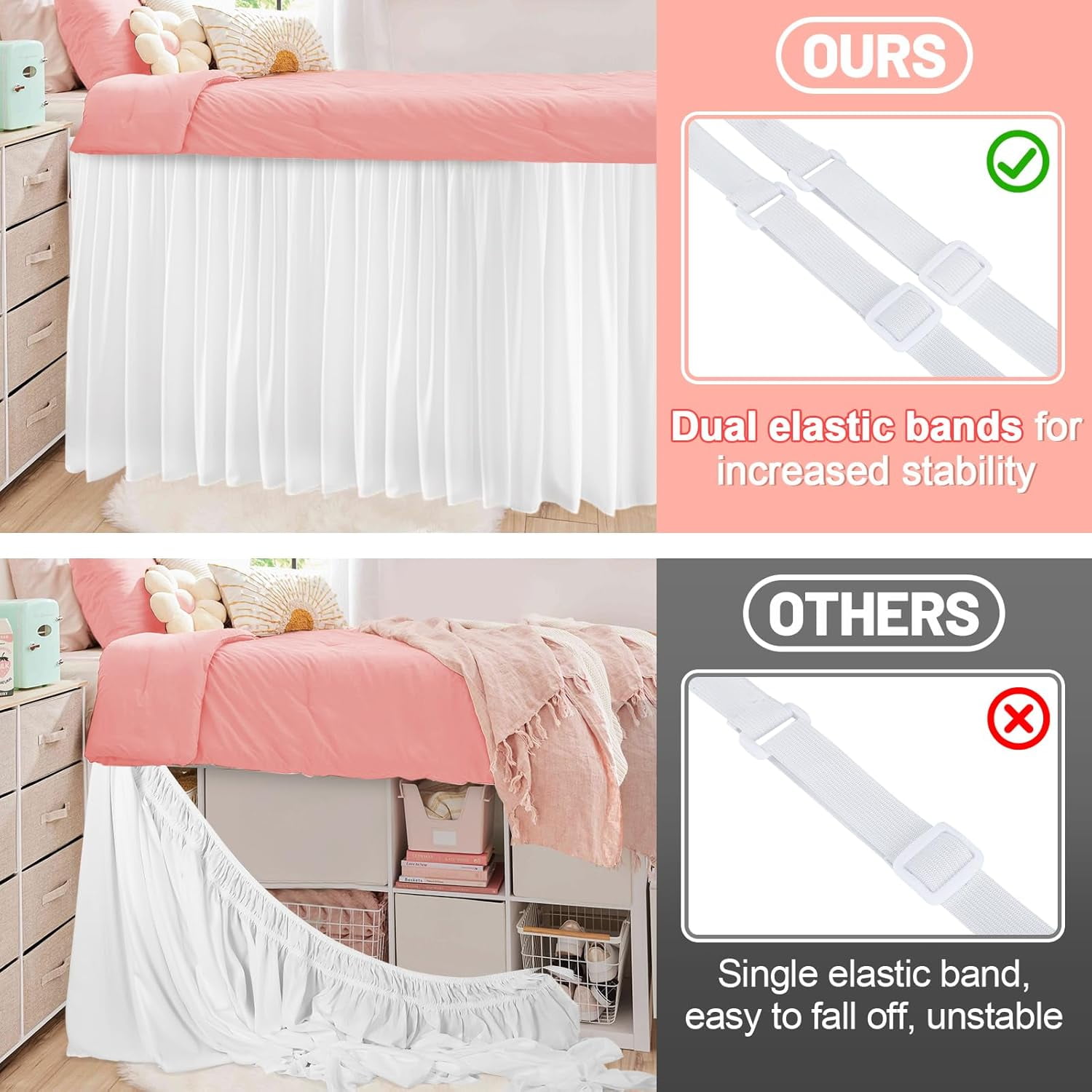 Dorm Bed Skirt for Twin-XL - 42" Drop College Dorm Room Bed Skirt, Pre-Shrunk Fabric Long Bed Skirt, Cute Ruffled Style Dorm Essentials for Students Girl Decoration & Hide The Clutter (White)