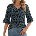 thumbnail image 2 of QUNYINEY V Neck Tee Shirts Womens Ruffle 3/4 Sleeve Casual Leopard Print Tops Tunic Loose Pullover Shirts Blouse for Women, 2 of 5
