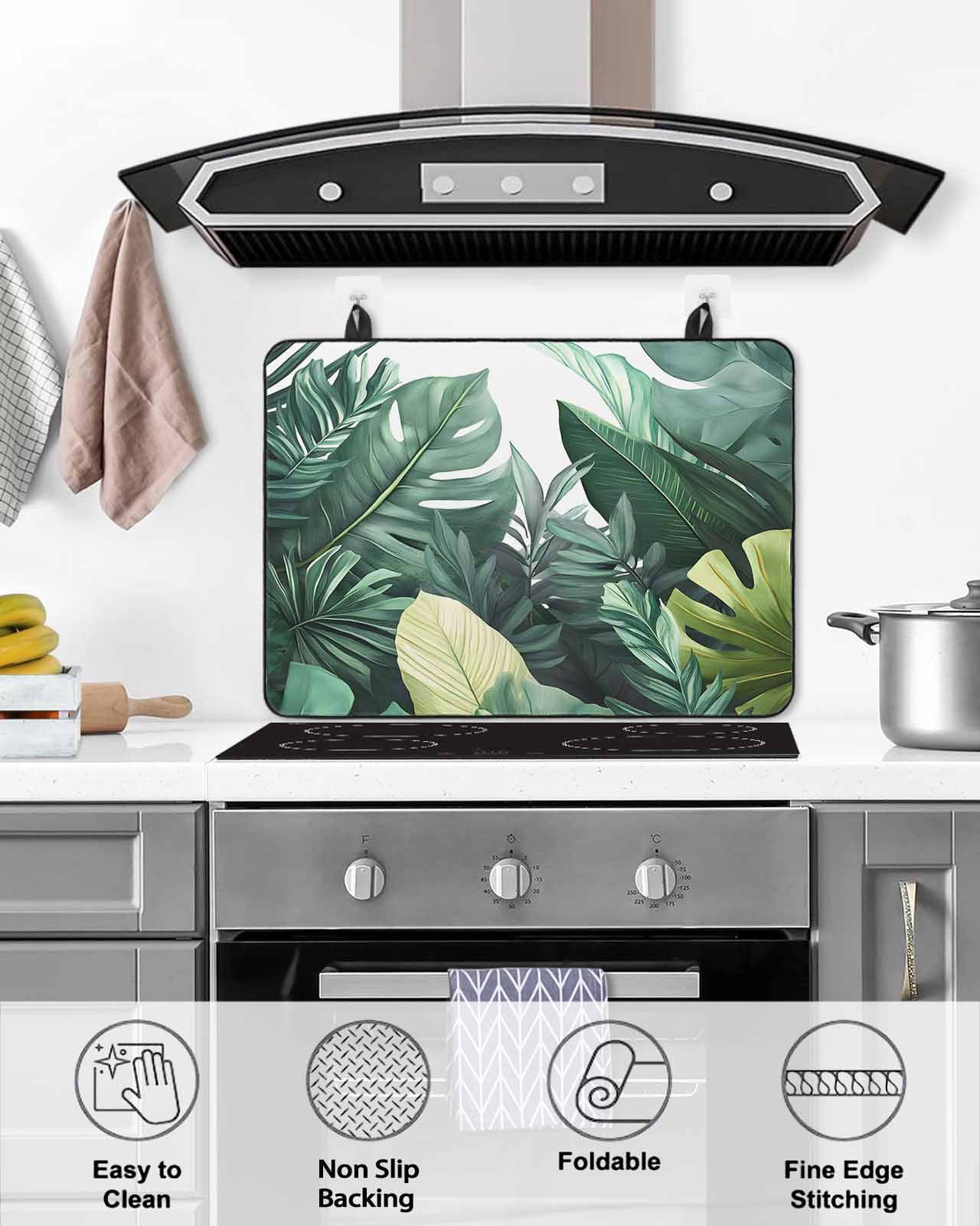 nqOlkjepod Large Induction Cooktop Protector Mat 24"x21", Tropical Leaves Stove Top Covers for Electric Stove, Watercolor Summer Botanical Leaf Plants Stove Burner Cover Mats, Glass Top Stove Cover