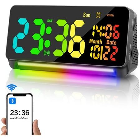 120db Super Loud Alarm Clock Heavy Sleepers Adults, Loud Alarm Clock Bluetooth Sync Time,15 Wake Up Sounds, 7 Color Night Light, Dynamic RGB Color, 0-100% Dimmer, Snooze,DST, LED Dispay