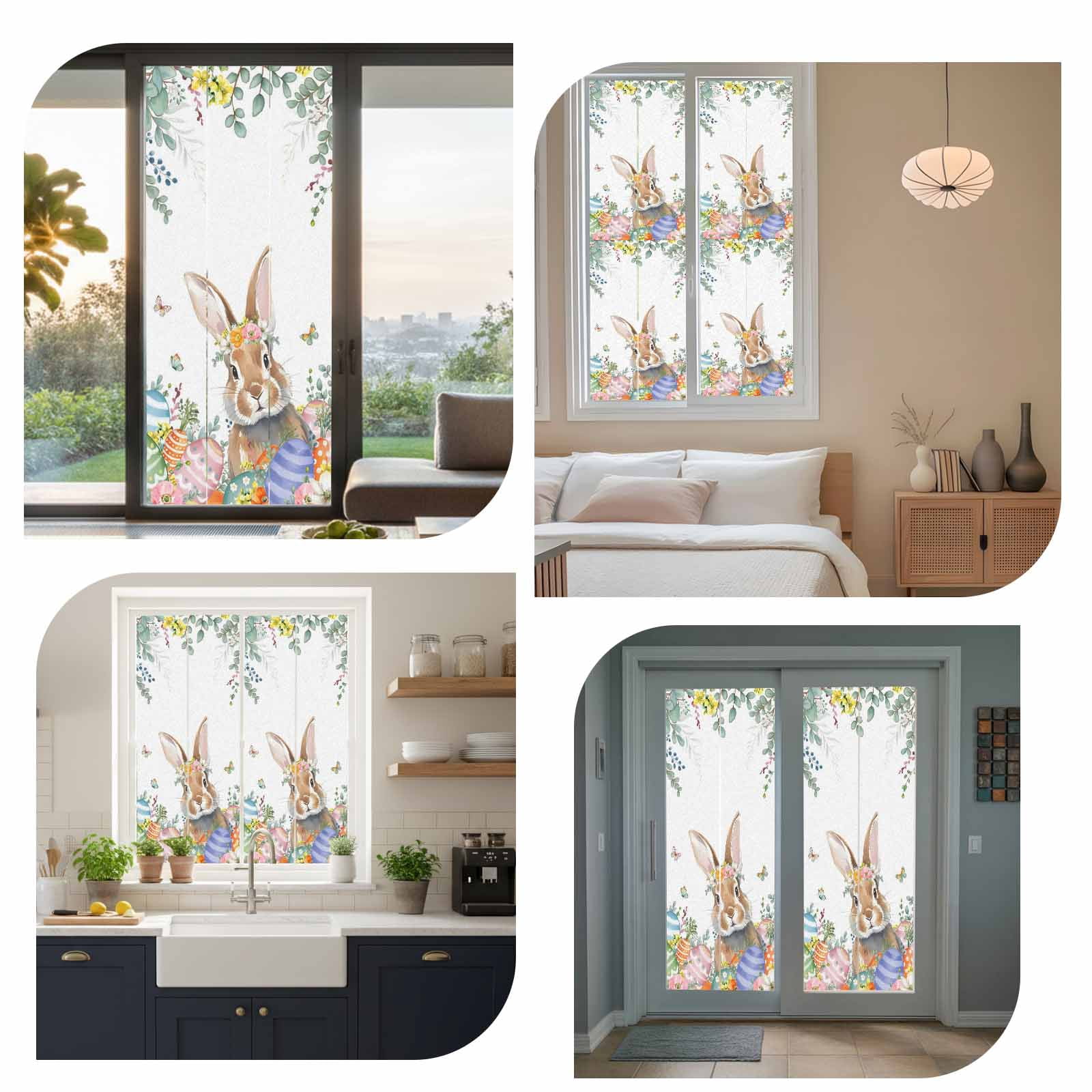 Easter Rabbit Window Privacy Film, Watercolor Floral Bunny Colored Eggs Leaf Frosted Glass Window Clings Static Cling UV Heat Blocking Reusable Door Sticker for Bathroom 35.4 x 78.7 Inch