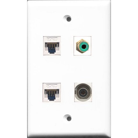 RiteAV 1 Port RCA Green and 1 Port 3.5mm 2 Port Cat5e Ethernet White Wall Plate