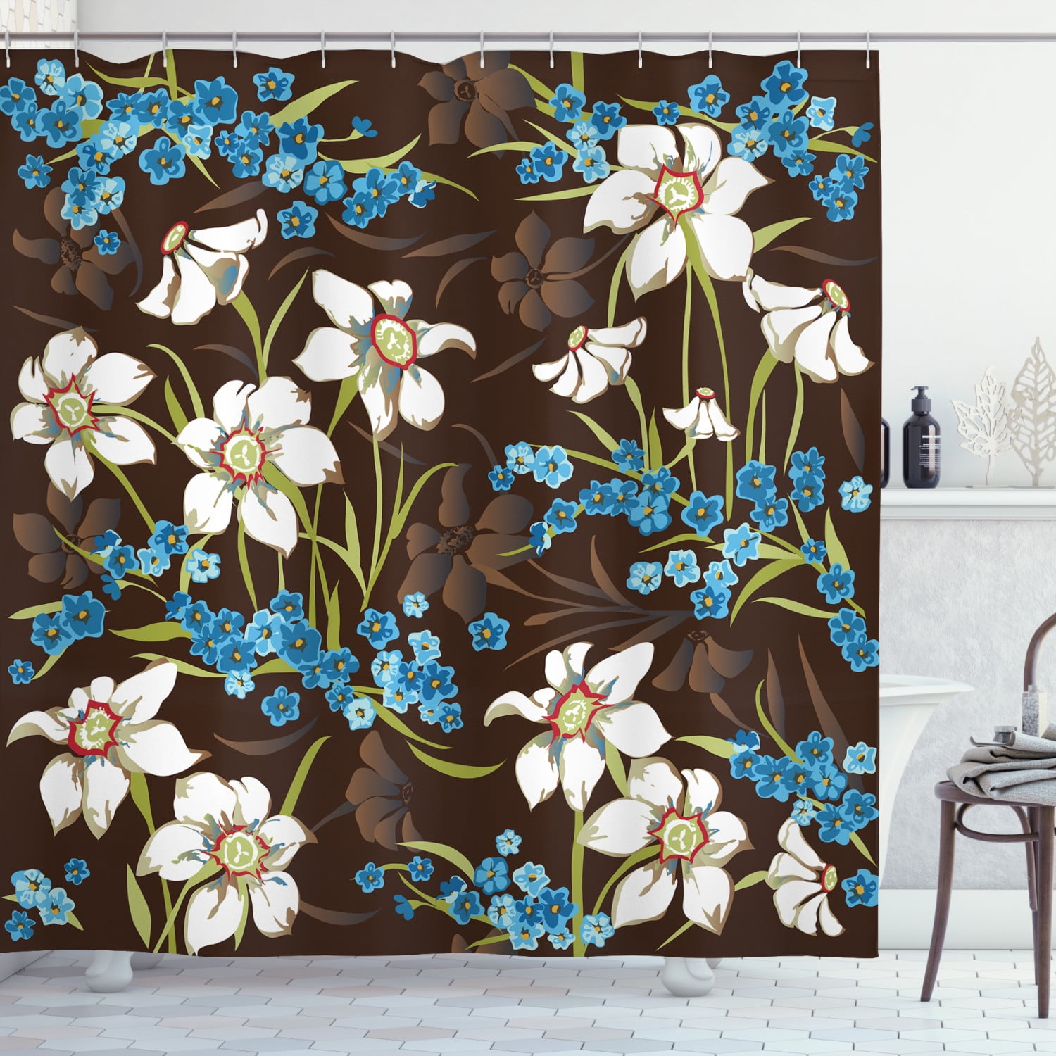 Brown Seafoam Floral Design with Swirl Lines Falling Leaves Autumn Inspired Fabric Bathroom Decor Set with Hooks 70 inches Ambesonne Brown and Blue Shower Curtain 