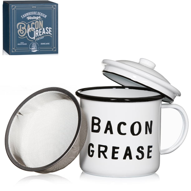 Golden Hills Mercantile Recipiente de Grasa de Tocino con Filtro de Malla: Diseño Rústico Moderno de Granja de Mediados de Siglo, Esmalte Blanco sobre metal, Esmalte vintage de 4 x 4 Pulgadas con Tapa (Negro)