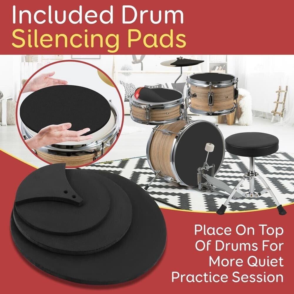 Pyle Set Ages 5-12-3 Piece Beginner Kids Drum Silencing Pads 13" Complete Junior Drummer Kit with Wooden Shells.