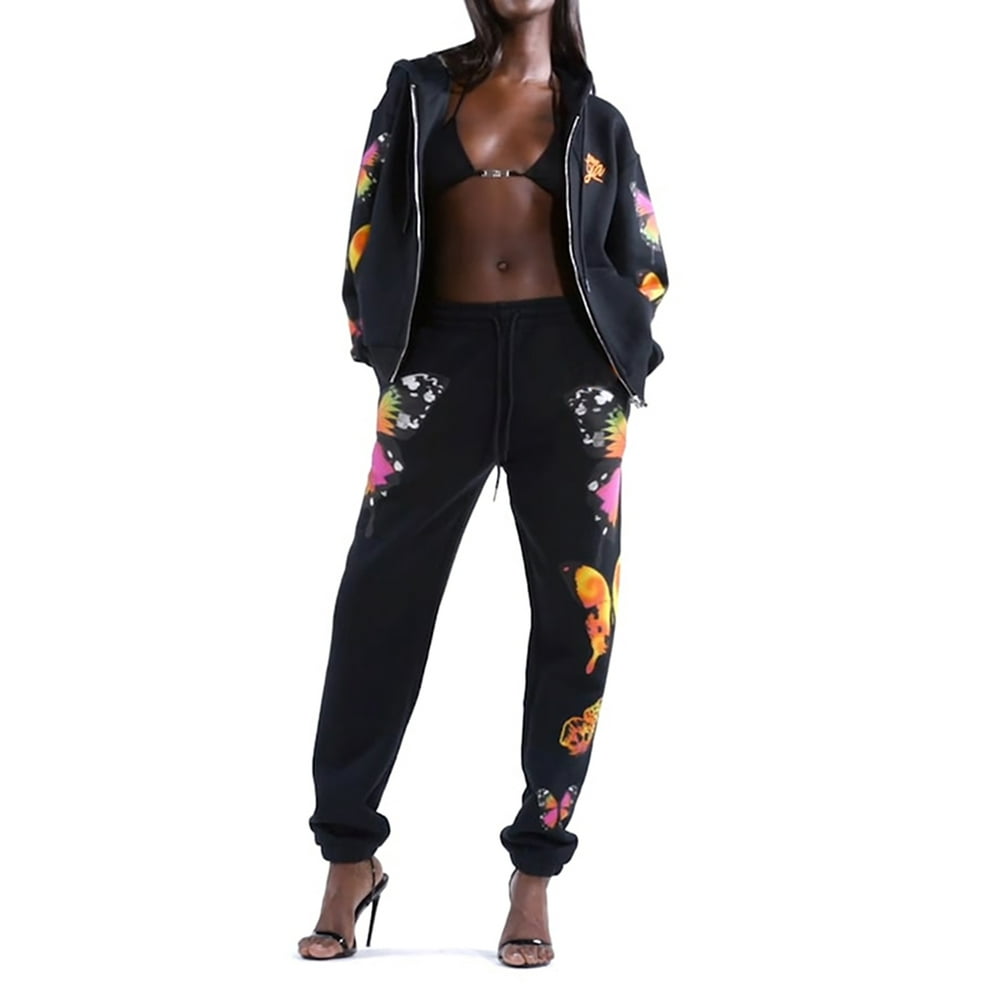 Owl's-Yard - Owl's-Yard Women Tracksuit Butterfly Printed Sport Set Zipper Up Hooded Coats Pants