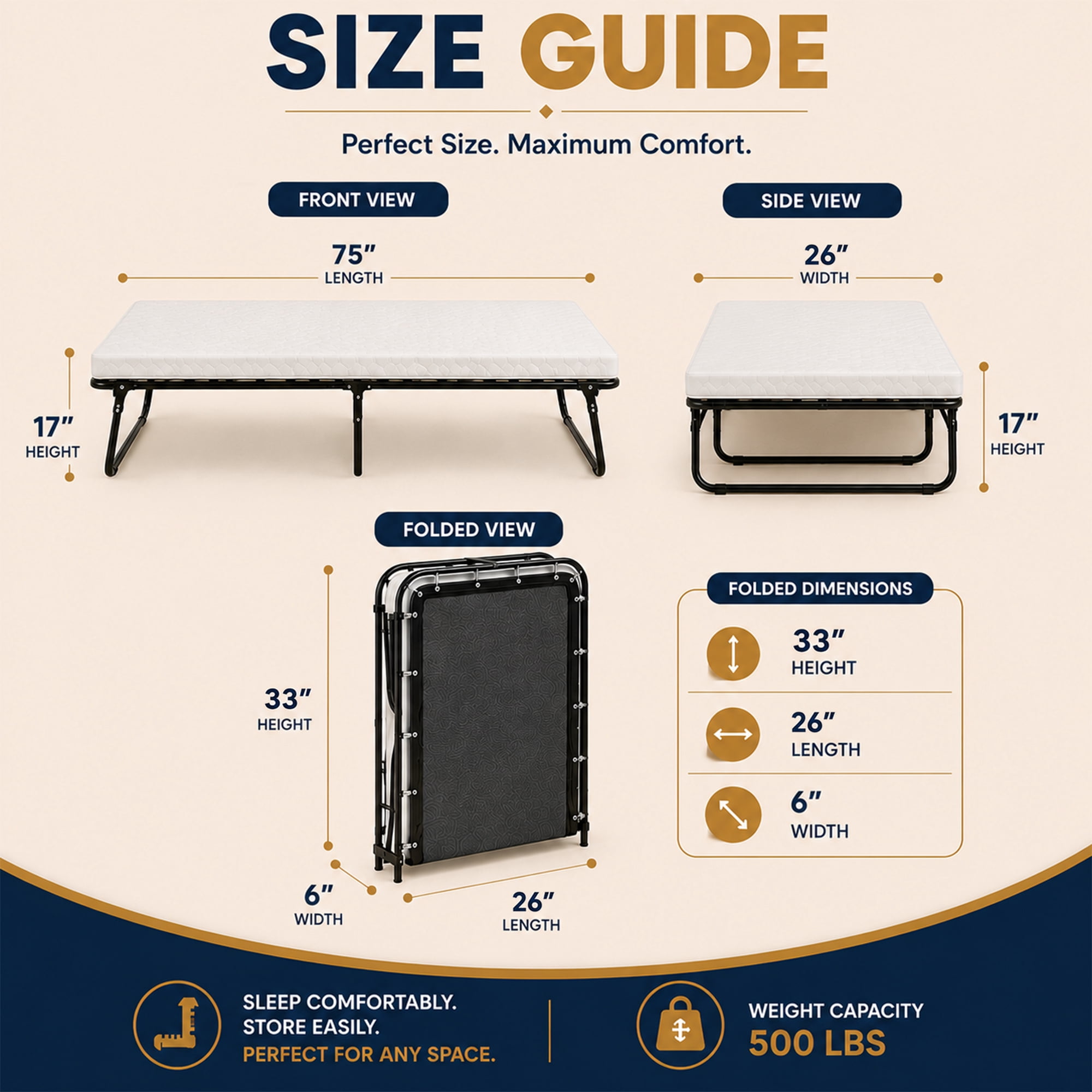 Continental Sleep, 14″ High Folding Guest Bed with 3″ Memory Foam Mattress, Sturdy Metal Frame, Easy Access for Seniors, Underbed Storage, Comfortable Rollaway Bed for Guests, 26″ Wide