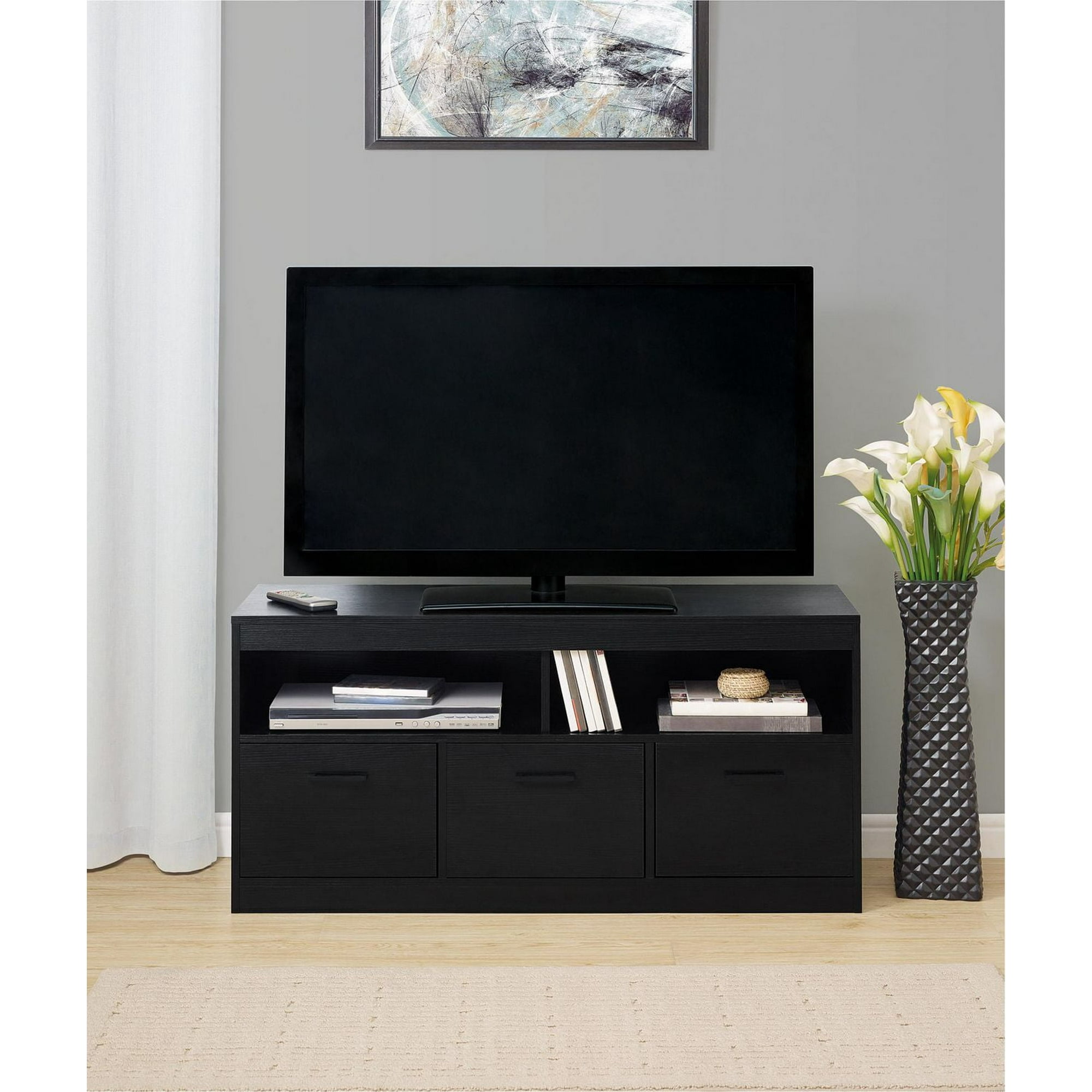 3-Door TV Stand, True Black Finish,TV Console ,Media Stand