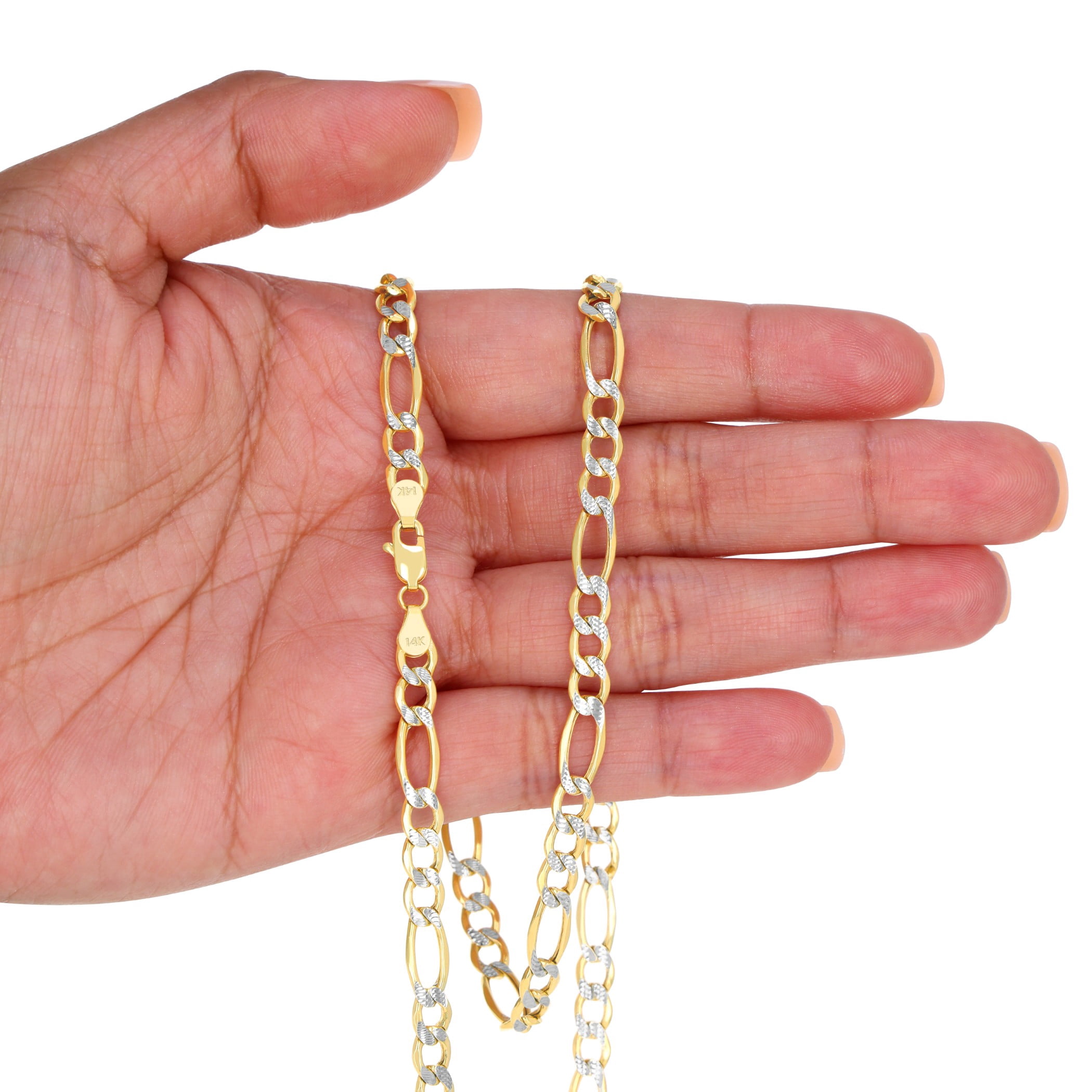 Nuragold 14k Real Yellow Gold Figaro Link 5.5mm Diamond Cut Two Tone Pave Chain Necklace (16"-30") Italian Jewelry for Men & Women