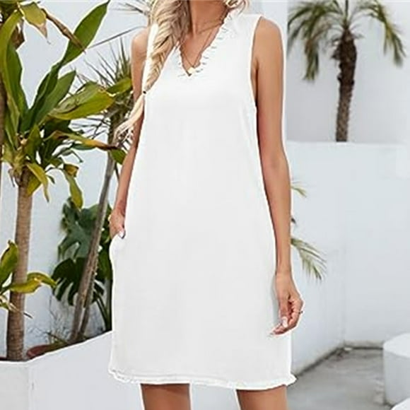 Women's Sleeveless Dress, V-Neck Casual Summer Dress with Pockets, Soft Polyester Knit for Daily Wear and Vacation