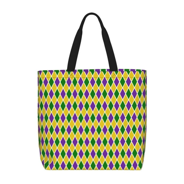 Easygdp Mardi Gras Purple Yellow Plaid Bolsa Tote para Mujer, Bolso de Hombro para Trabajo, Playa, Viajes, Compras y Supermercado