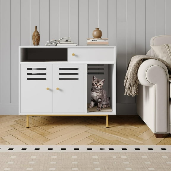BouPower 31.5 Inch Modern Cat Litter Box Enclosure Furniture with Vent Door/Side Rest Area/Drawers and Open Shelves, Hidden Litter Box for Cats,for All Kinds of Cats, White