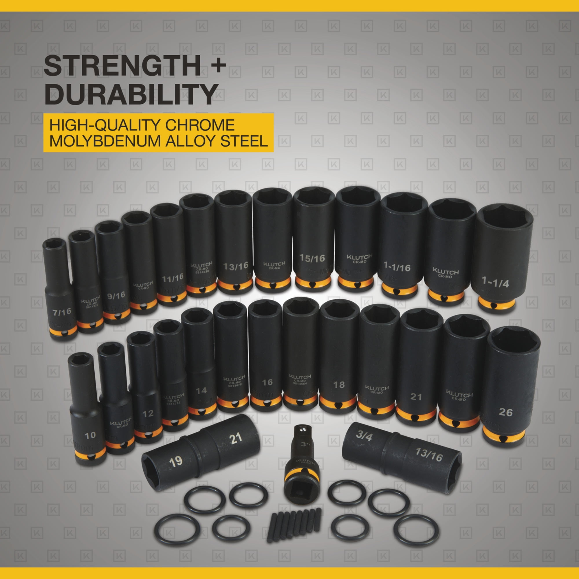 Klutch 1/2in.-Drive Deep Impact Socket Set, SAE + Metric, Chrome Molybdenum, 29-Pc.