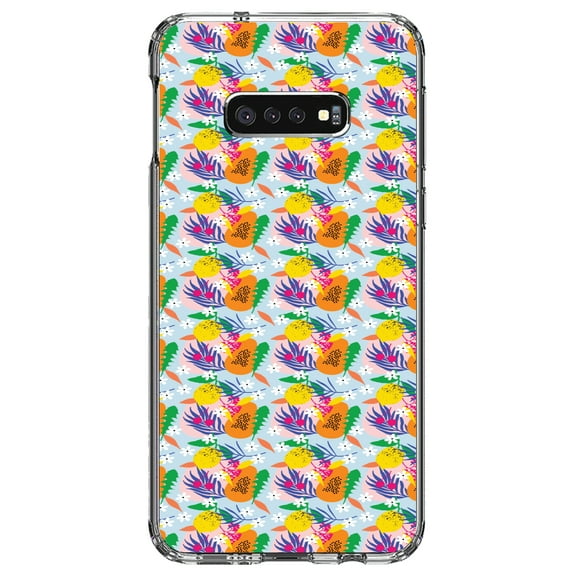 DistinctInk Clear Shockproof Hybrid Case for Samsung Galaxy S10e (5.8" Screen) - TPU Bumper, Acrylic Back, Tempered Glass Screen Protector - Summer Vibes Floral Pattern Orange Blue Green
