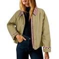 thumbnail image 2 of Women's Contrast Cuff Jacket, Plaid Collar Long Sleeve Top, Relaxed Fit Casual Outerwear, Lightweight Zip Up Coat, No Hood Everyday Wear, Barn Style Shirt Jacket Khaki XL, 2 of 5