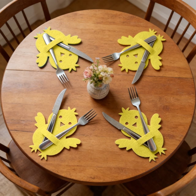 Sokhug Easter Chicken Tableware Knife Fork Cover Bag Cloth Set for Holiday Party Banquet Decoration Yellow 4 Pieces